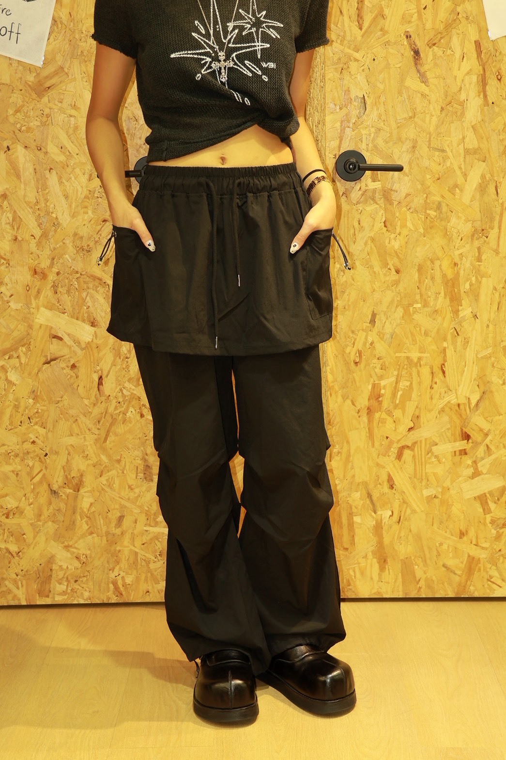 鬆緊 抽繩 假兩件 尼龍 #休閒褲