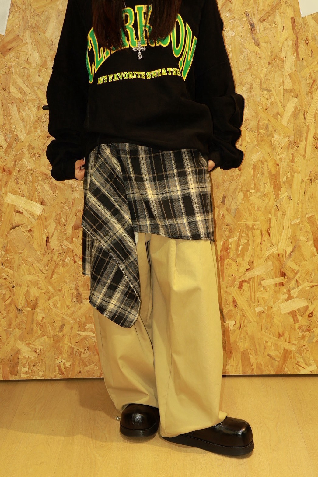 鬆緊 尼龍 拼接格紋 尼龍 #休閒褲