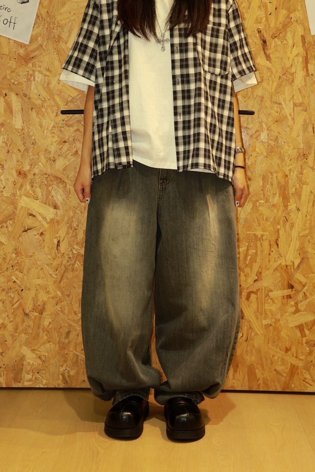 黃線 刷白 下摺痕 #牛仔褲