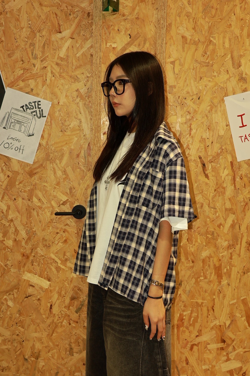 格子 短版 單口袋 翻領 短袖 #襯衫