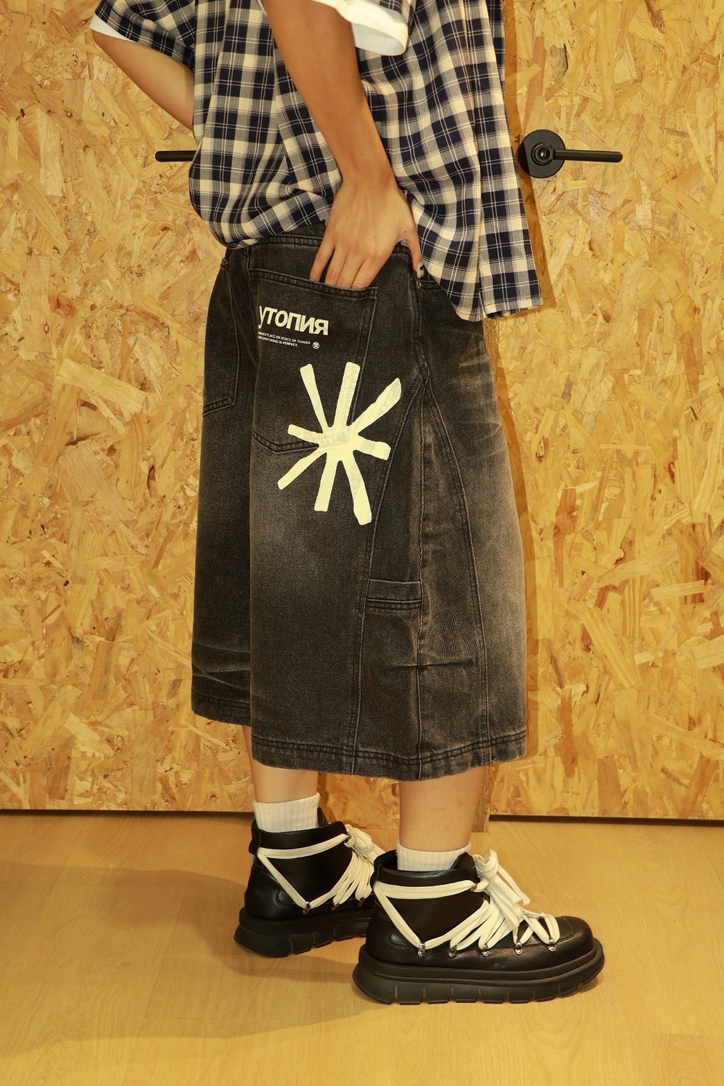 後英文 太陽 水洗刷色 短褲 #七分褲