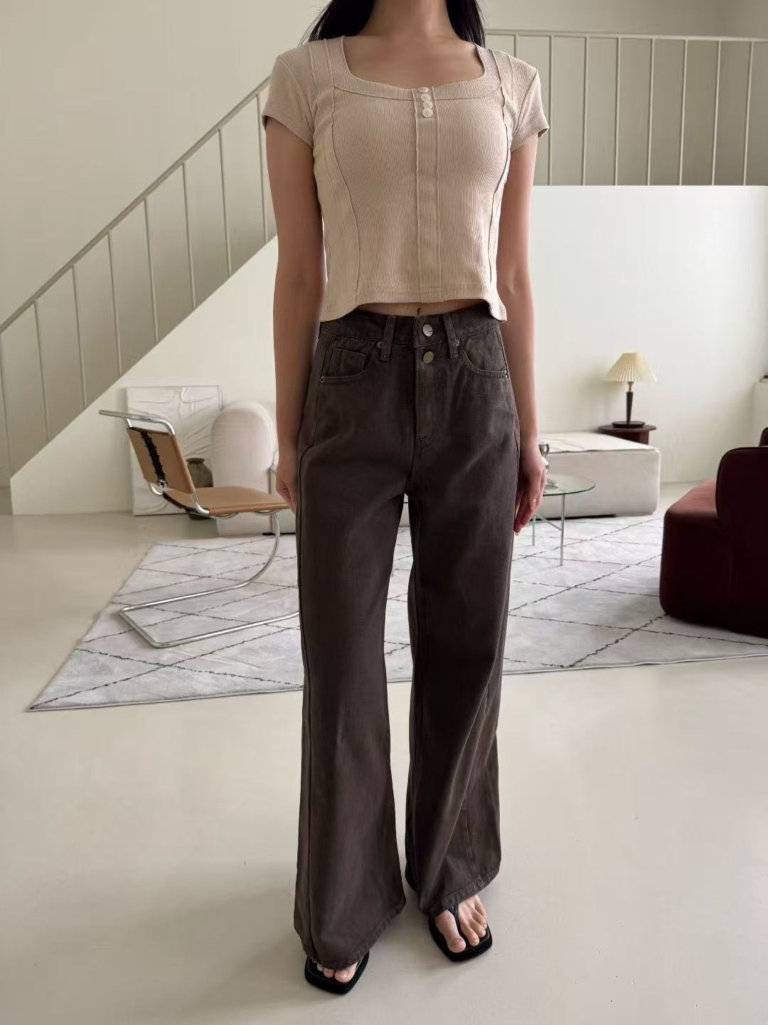 正韓完美秋調雙釦牛仔褲