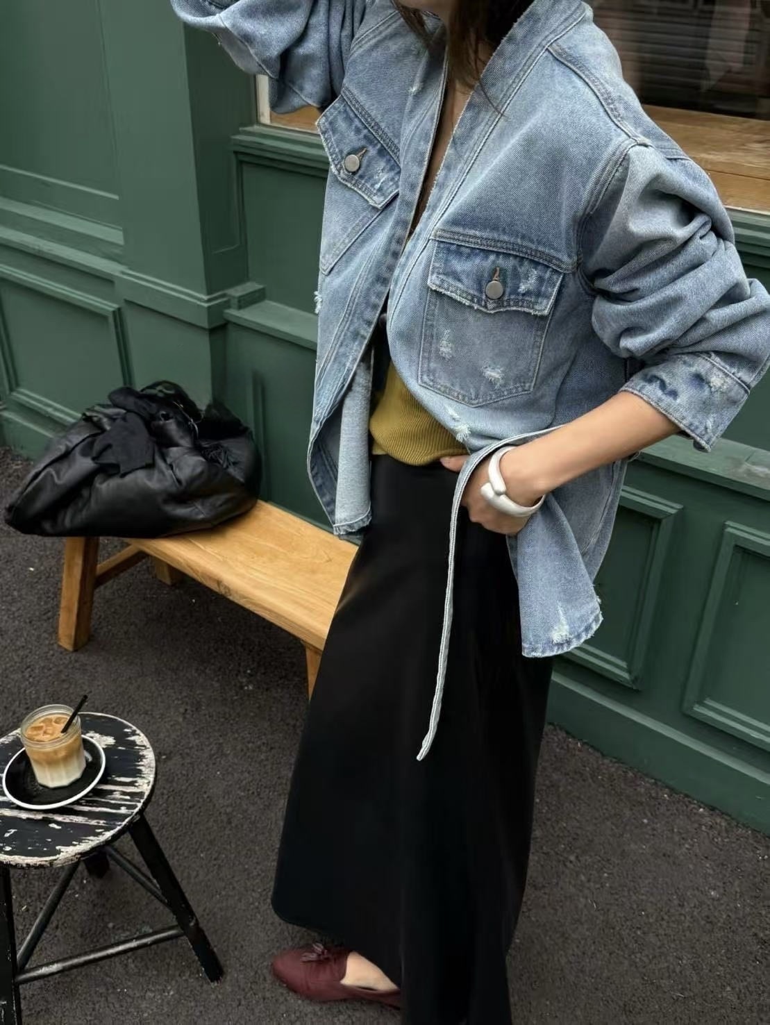 571 率性腰帶無領牛仔外套