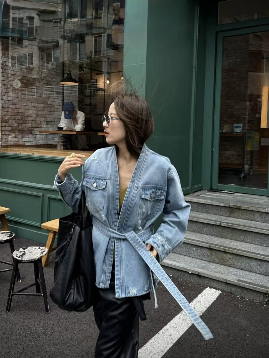 571 率性腰帶無領牛仔外套