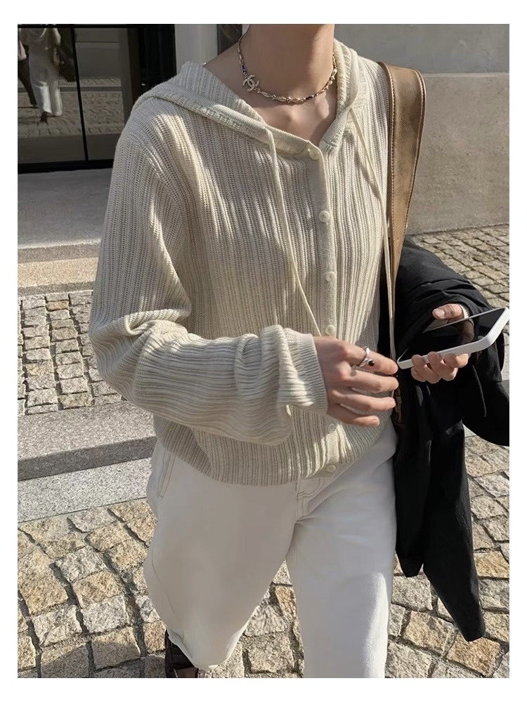 1513 休閒連帽坑條針織上衣