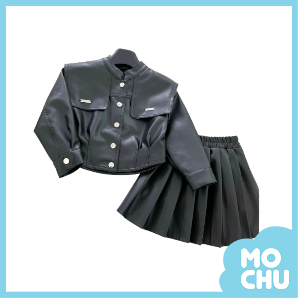 甜帥風翻領皮衣套裝(二色)