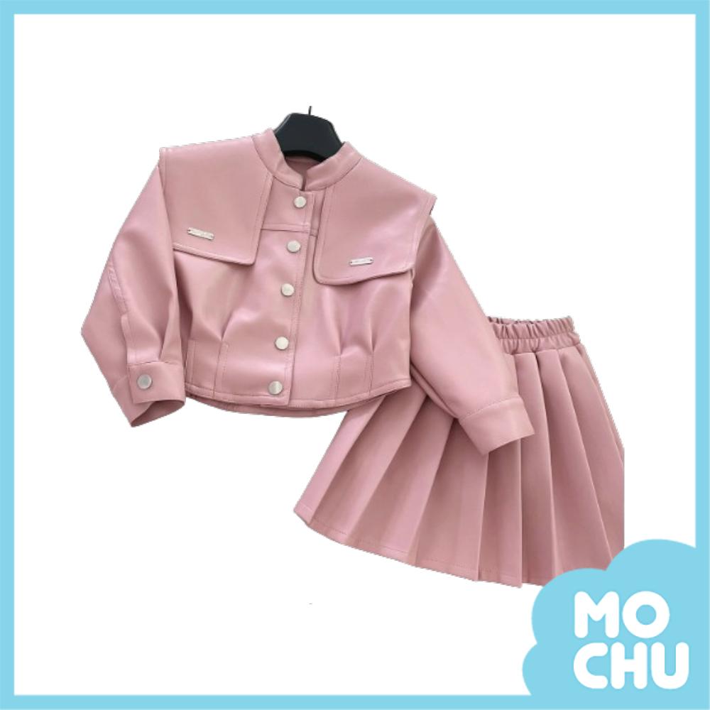 甜帥風翻領皮衣套裝(二色)