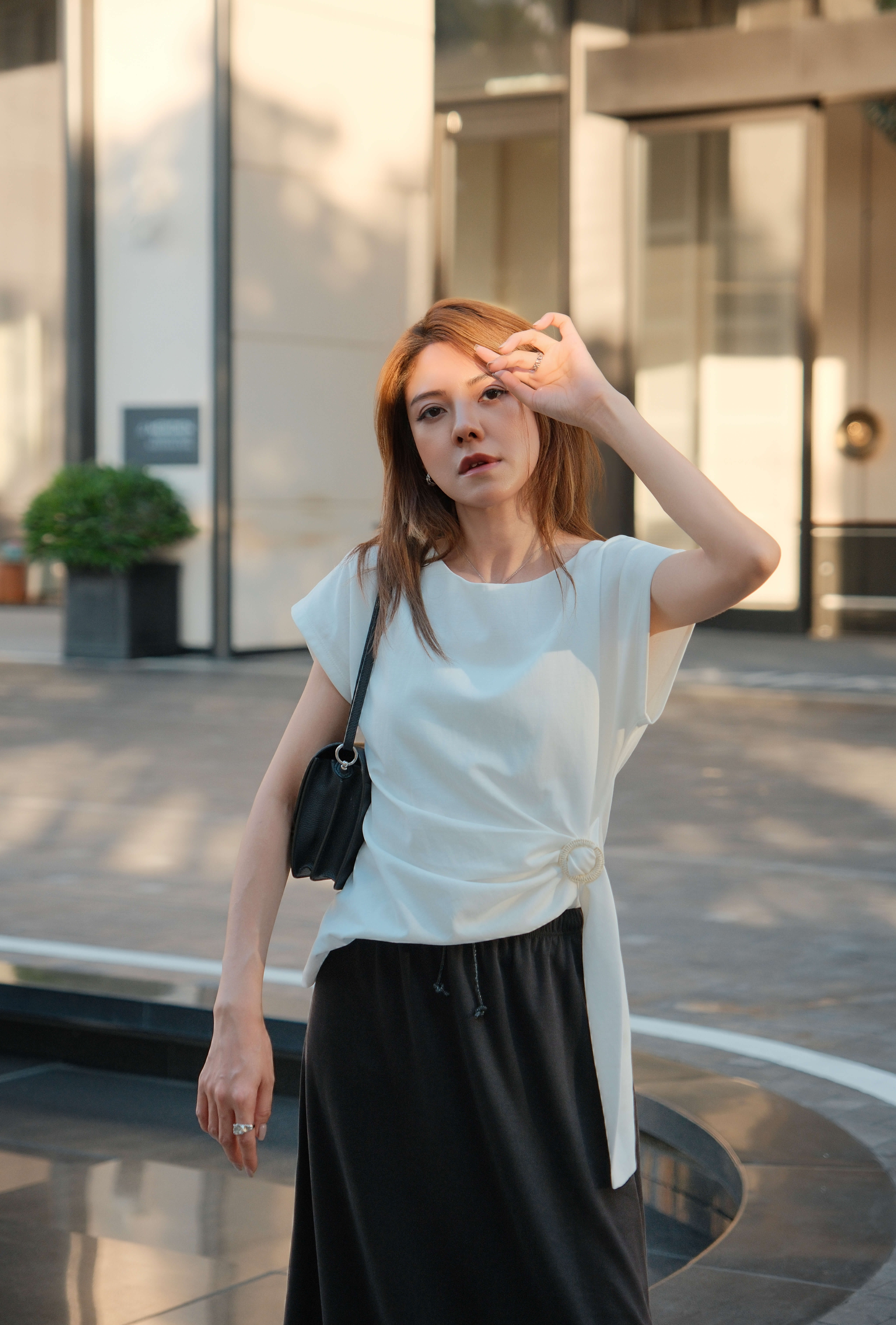 Cap Sleeve Buckle Waist Effect Top_TP259L25