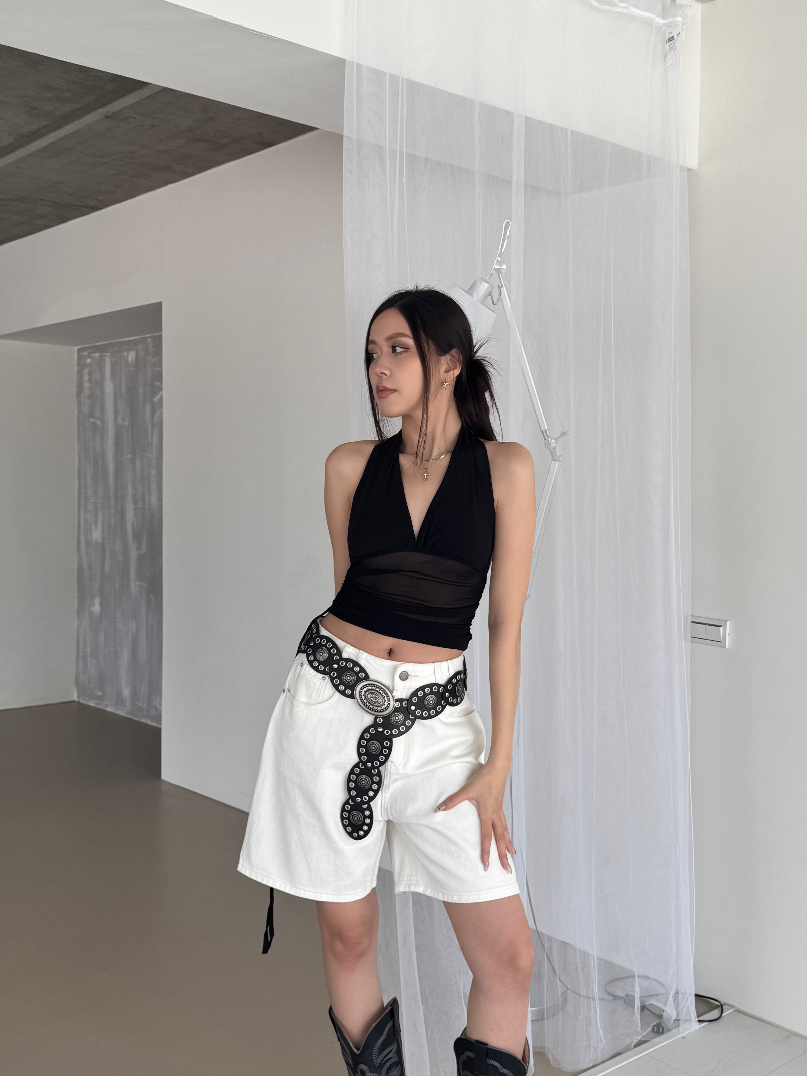 自留🧉側抽繩網紗拼接V領背心