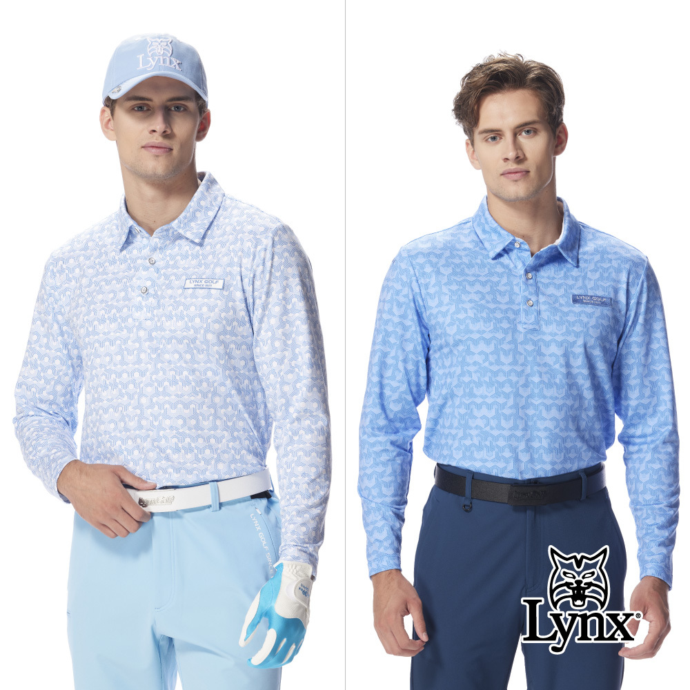 【Lynx Golf】男款合身版吸濕排汗滿版蜂巢條紋造型長袖POLO衫