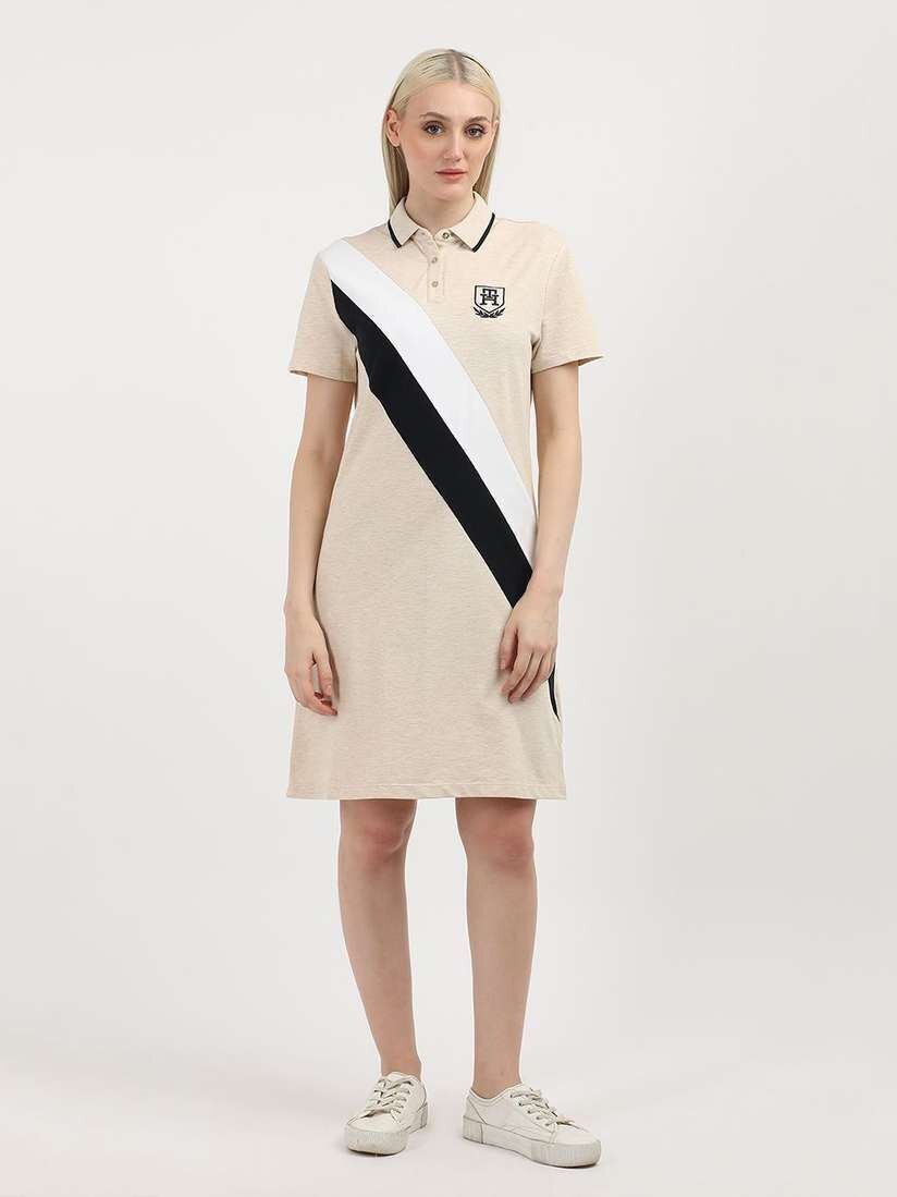 [S] TOMMY HILFIGER BANNER STRIPE POLO DRESS,HEATHER GREY, 76J5165-280 (STH822)