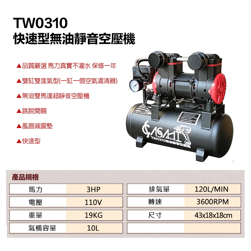 附發票｜TW0310無油靜音空壓機｜快速型空壓機 免保養靜音雙進氣 3HP 遇缺貨升級TX0908出貨