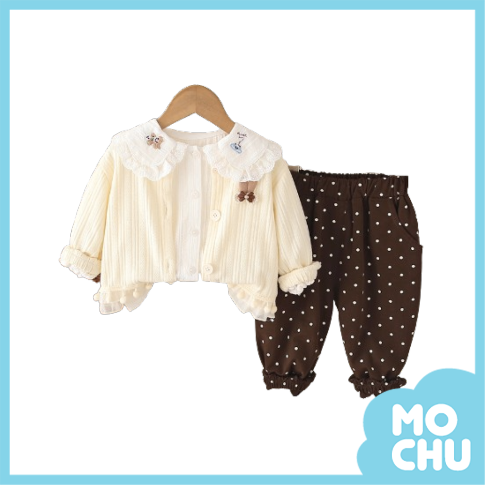 蕾絲領坑條上衣三件組套裝(二色)