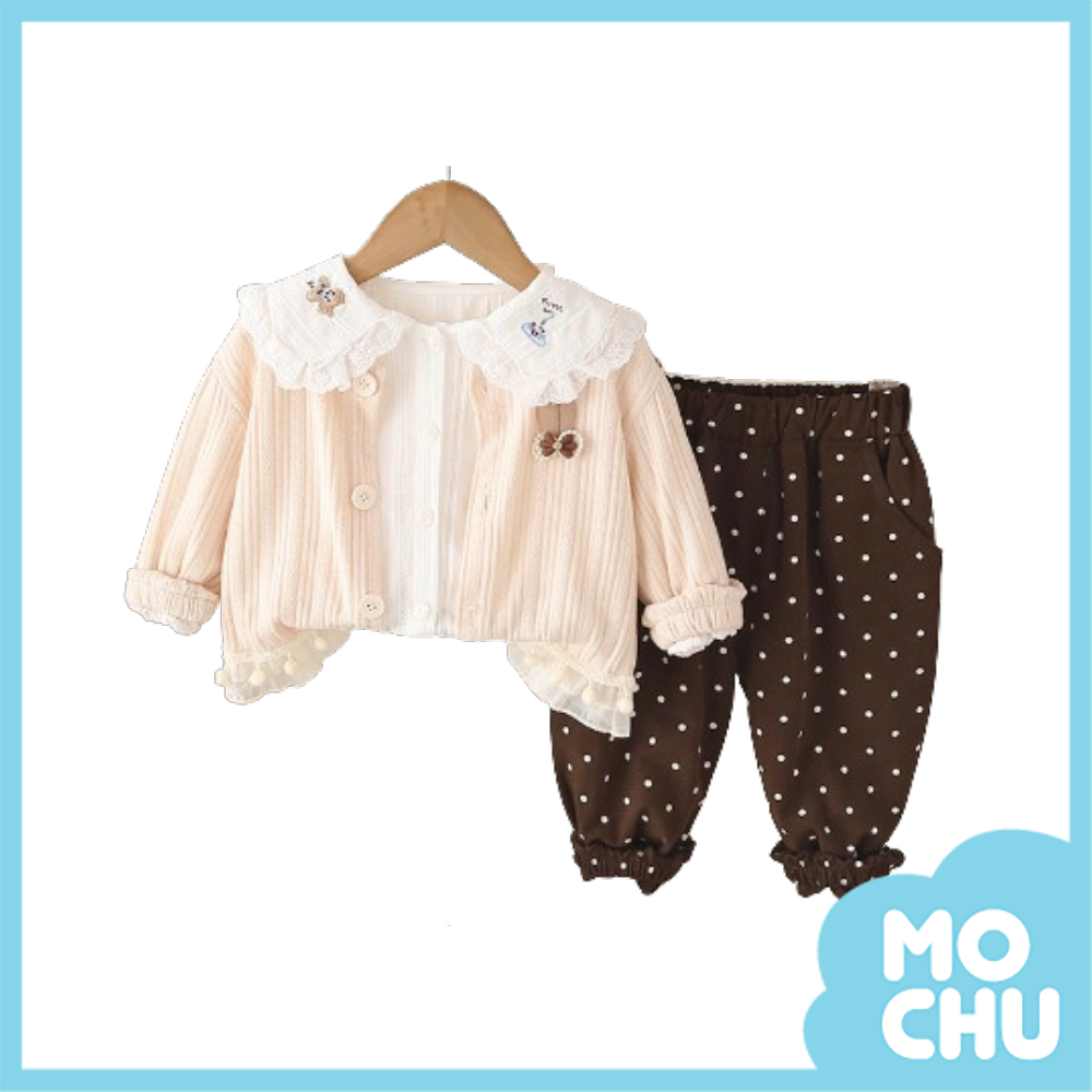 蕾絲領坑條上衣三件組套裝(二色)