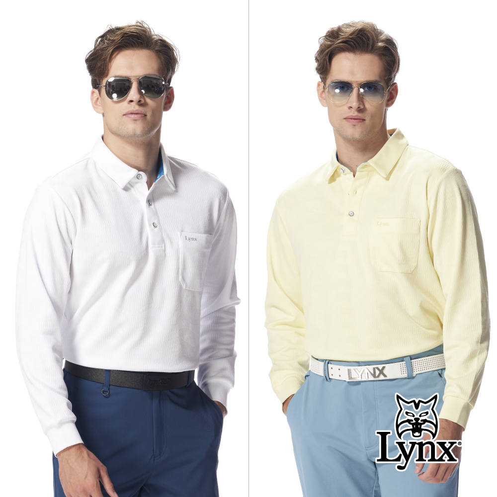 【Lynx Golf】男款吸濕排汗壓紋緹花工藝胸袋款造型長袖POLO衫