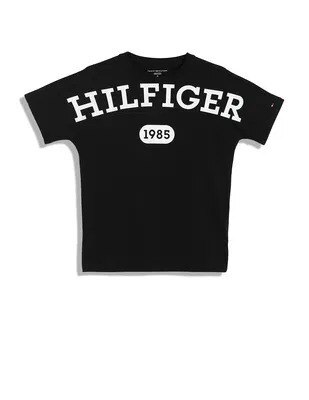 [S] TOMMY HILFIGER BLACK KIDS BIG LOGO LETTERING 1985 PRINT T-SHIRT, 71J4542-001 (STH1075)