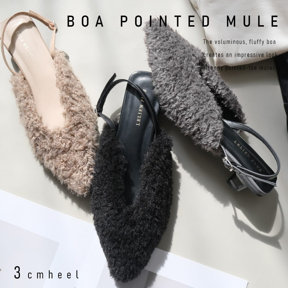 毛毛時尚 後繫帶尖頭毛絨穆勒跟鞋【TS3084】