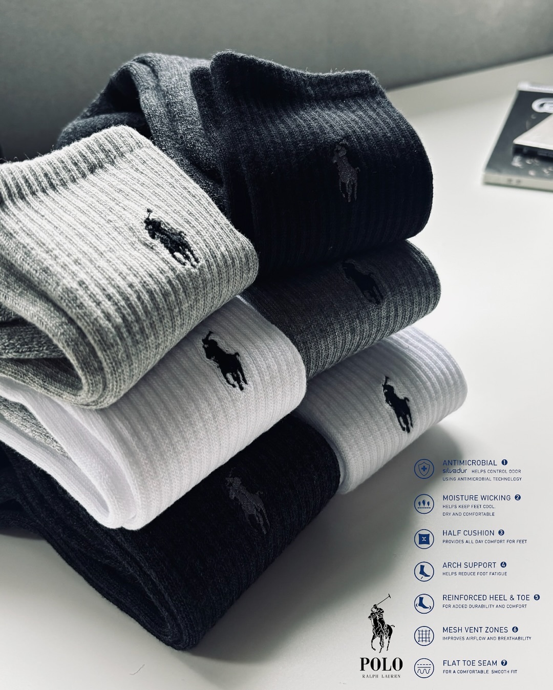 |限量6入特惠組🔥｜Polo Ralph Lauren 刺繡長襪 黑灰白set