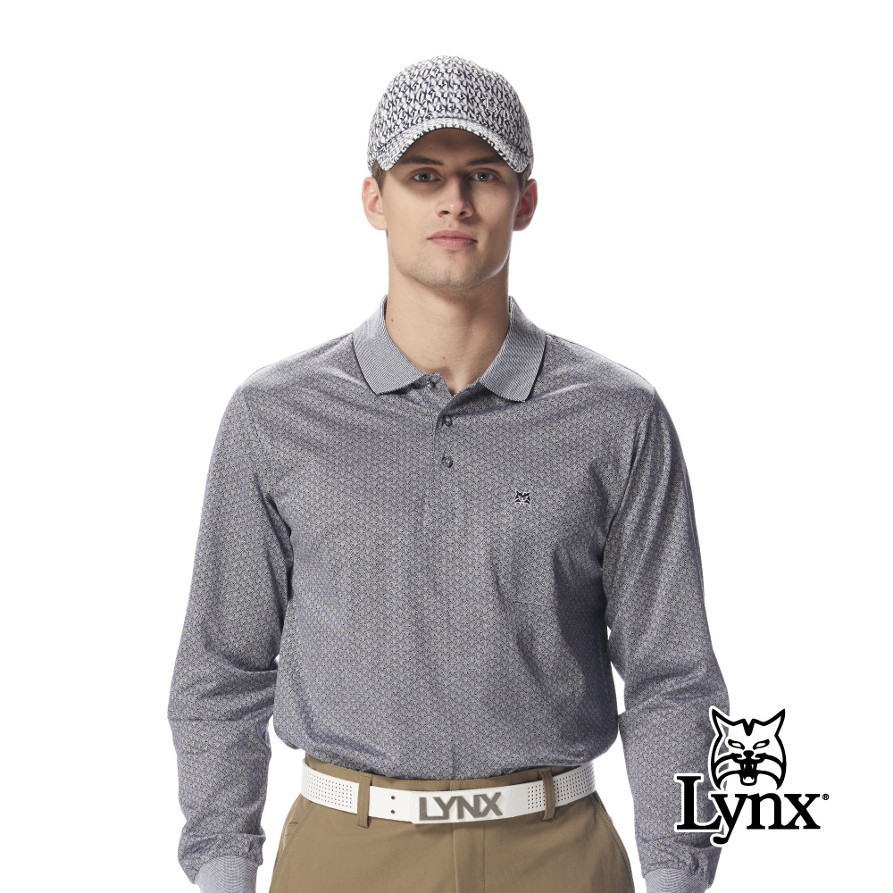 【Lynx Golf】男款義大利進口面料滿版細紋設計胸袋款造型長袖POLO衫