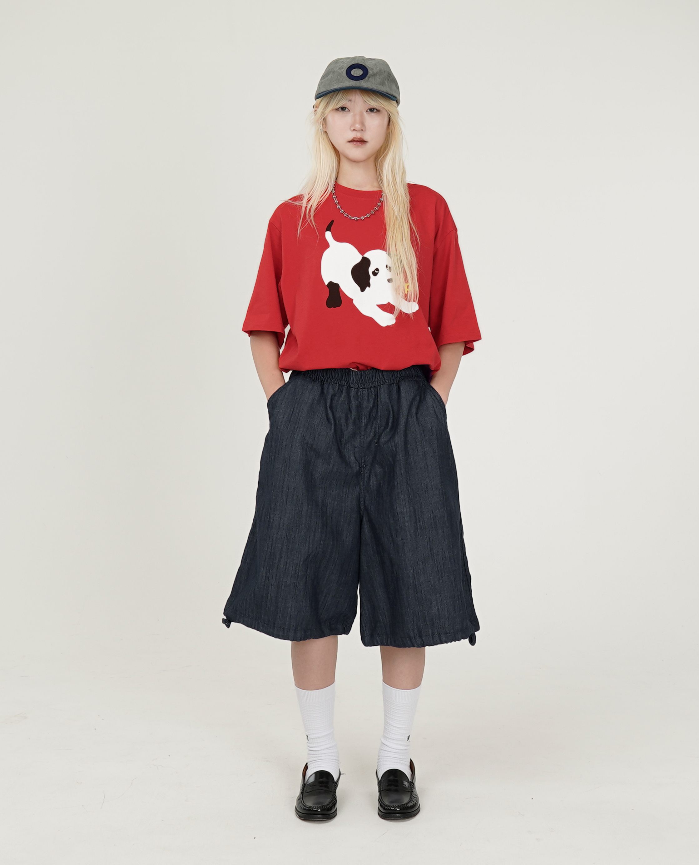 鬆緊腰下可縮膝下丹寧