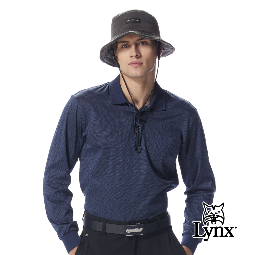 【Lynx Golf】男款義大利進口面料交錯方格紋路胸袋款造型長袖POLO衫