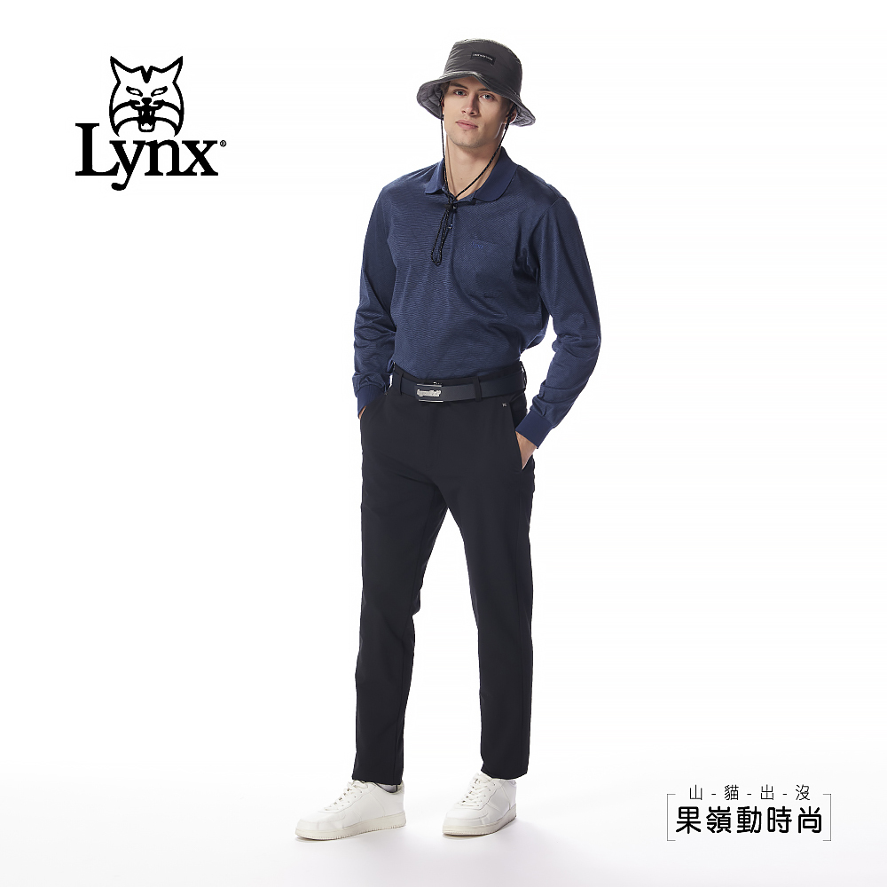 【Lynx Golf】男款義大利進口面料交錯方格紋路胸袋款造型長袖POLO衫