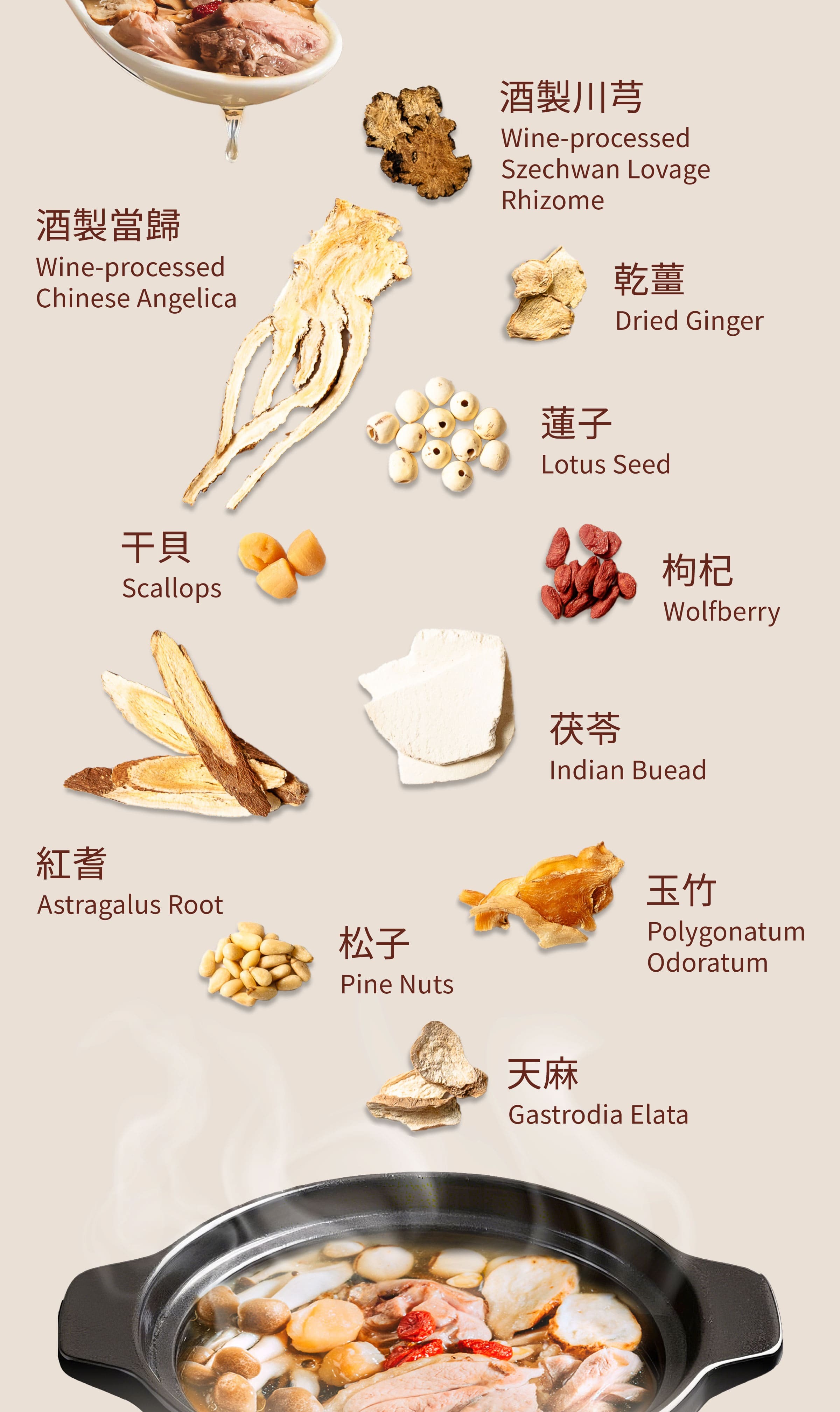 Dengyi 天麻とホタテ貝柱の薬膳スープキット の材料