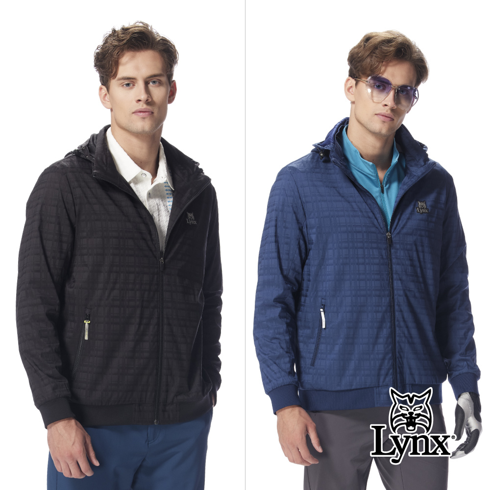 【Lynx Golf】男款防潑水防風暗格紋連帽款拉鍊剪裁風衣夾克