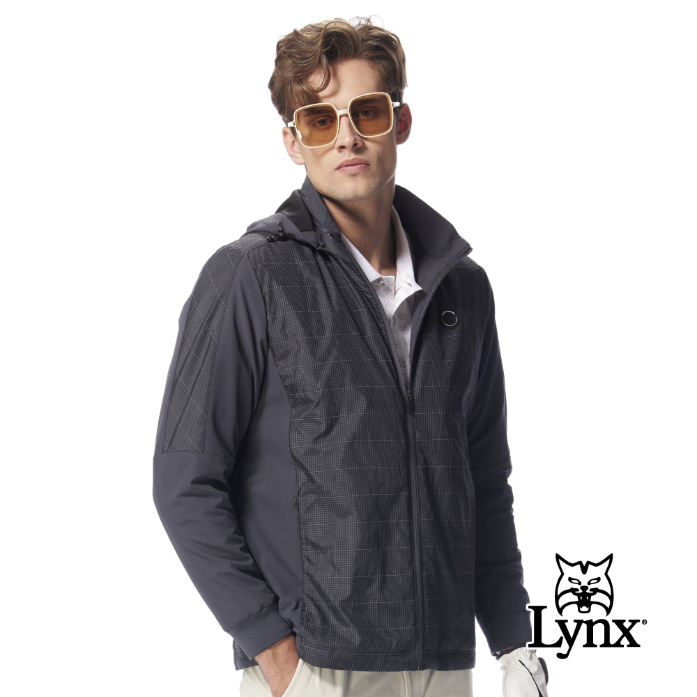 【Lynx Golf】男款3M反光防風連帽格紋拉鍊剪裁風衣夾克