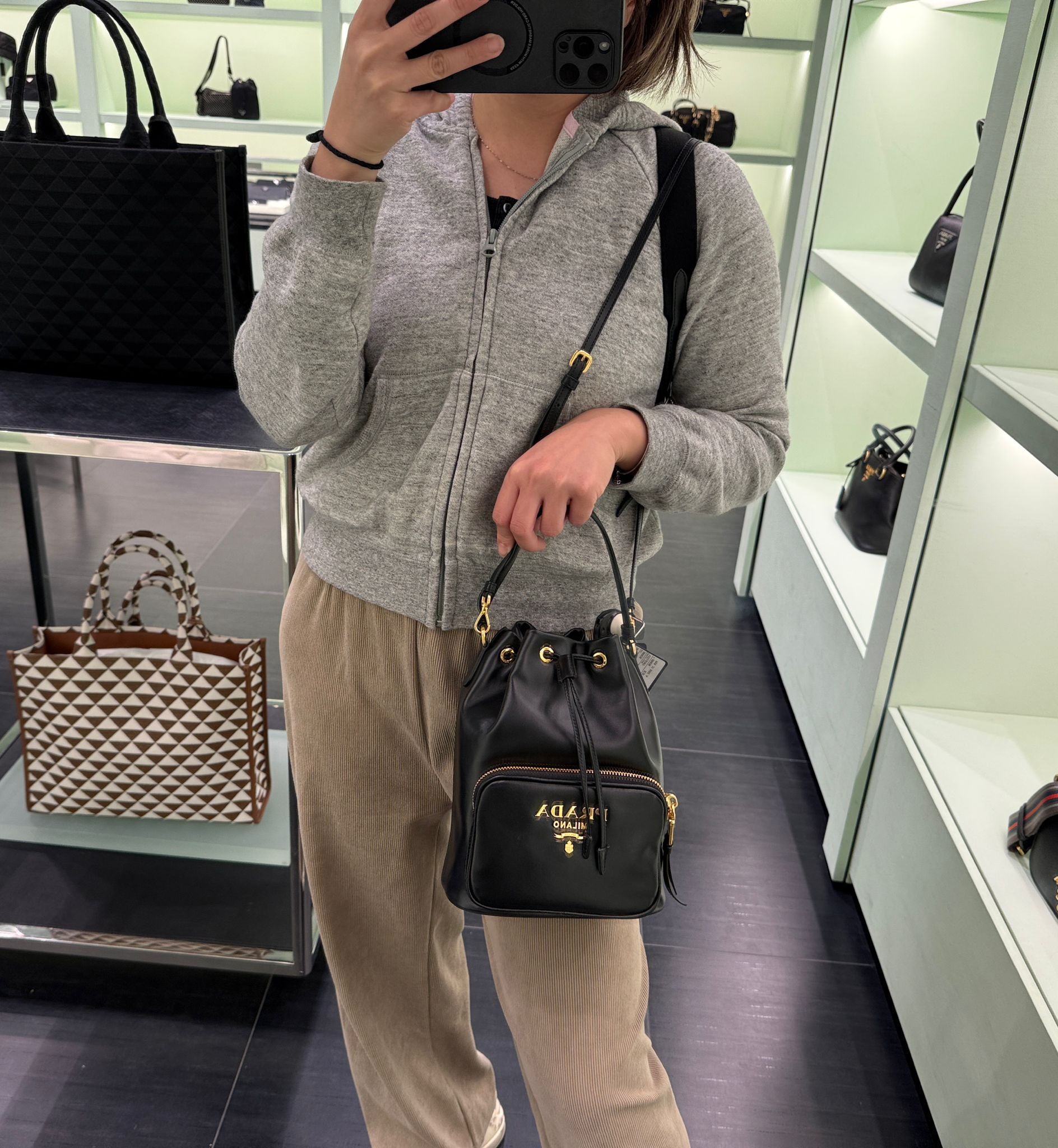 Prada Duet Re-nylon Bucket Bag Black 1BH038