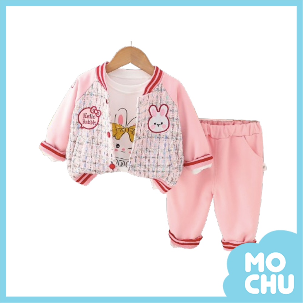 小兔毛呢拼接三件組套裝(三色)