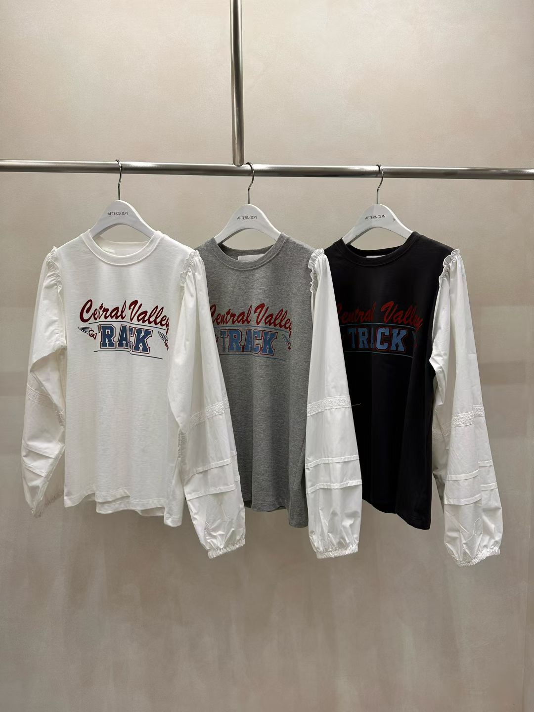 AF5004 歐美印字材質拼接長袖上衣