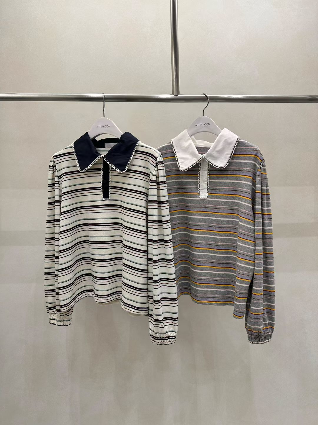 AF5005 間條翻領橡筋手袖長袖上衣