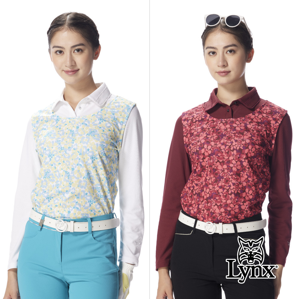 【Lynx Golf】女款假兩件式吸濕排汗彈性素面袖花卉印花長袖高爾夫球衫
