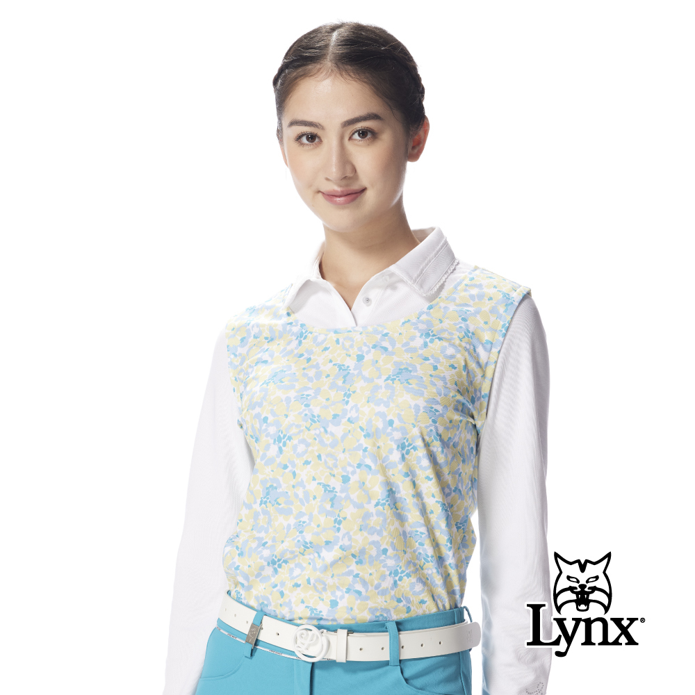 【Lynx Golf】女款假兩件式吸濕排汗彈性素面袖花卉印花長袖高爾夫球衫