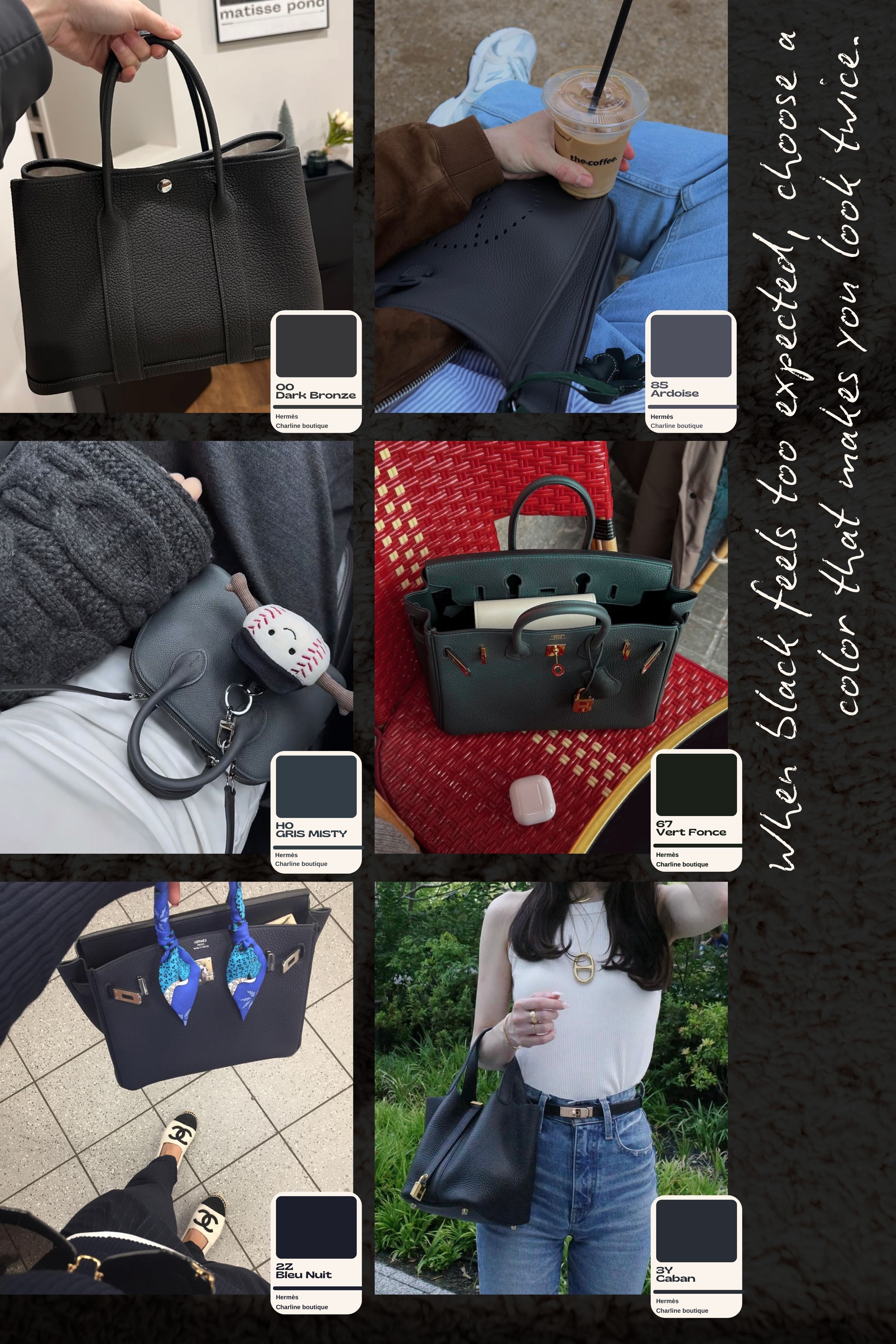在深入了解 Hermès 的 Near Black 系列顏色後，許多讀者常會對色號辨識、穿搭搭配，以及投資價值有進一步的疑問。以下整理出最常見的十個問題，並由 Charline Boutique 專業代購團隊給出詳細解答，幫助您在選購 Hermès 包款時做出更明智的決定。  類黑色十大常見問題 Q&A  Q1: Hermès 黑色包有哪些常見顏色選擇？ A：Hermès 黑色系除了經典 Noir（黑色），還有這篇文章提到的六大類黑色隱藏色號，包括 O0 Dark Bronze（黑銅色）、3Y Caban（深藍色）、2Z Bleu Nuit（午夜藍）、H0 Gris Misty（霧霾灰）、Vert Foncé（深綠色）以及 85 Ardoise（石板灰）。這些顏色在不同光線下會呈現細膩變化，讓黑色系不再單調，也能滿足不同風格需求。Charline Boutique 親身觀察，這些色號正是低調與個性兼具的代表。    Q2: Hermès 哪一個顏色最適合新手入門？ A：如果您是新手，最穩妥的選擇是市場上公認的三大金剛色：Noir（黑色）、Étoupe（大象灰）和 Gold（金棕色）。這三種顏色保值、百搭、不退流行。如果希望在金剛色之外有更多變化，也可以考慮 Bleu Nuit（午夜藍）或 Gris Misty（霧霾灰）。Charline Boutique 的經驗分享，這些色號不僅兼顧實用性與風格表現，也是新手逐步擴展收藏的好起點。    Q3: 黑色 Hermès Birkin 和 Kelly 哪個更值得投資？ A：兩者在黑色系中都具高度保值性。Kelly Noir（黑色）因為更稀有，往往在拍賣市場價格偏高；Birkin Noir（黑色）則因實用性高，需求更廣泛。根據 Charline Boutique 的收藏與市場經驗，Noir Kelly 的投資回報非常穩定，而 Noir 或 Bleu Nuit 的 Birkin 也深受藏家追捧。    Q4: 黑色的愛馬仕包會不會很容易撞包？ A：黑色系愛馬仕包並不會太容易撞包，因為即使是黑色，也能透過不同皮革、尺寸與五金搭配來展現個人風格。例如文章中的 Caban（深藍色）與 Vert Foncé（深綠色）就是不容易撞色的選擇之一。如果您想展現個性化，就可以選擇近黑或灰黑色系，更能避免撞包。Charline Boutique 觀察到，這類顏色常常能凸顯出買家的獨特品味。    Q5: Hermès 有沒有百搭又不怕髒的黑色包？ A：如果追求百搭、不怕髒，Noir（黑色）絕對是首選。但在類黑色之中，Ardoise（石板灰）與 Gris Misty（霧霾灰）特別耐用，也不容易顯髒。Charline Boutique 親身觀察，這些顏色在日常使用上比 Noir（黑色）更能掩飾磨損，非常適合高頻率使用的顧客。    Q6: Hermès 類黑色的價格會比 Noir（黑色）便宜嗎？ A：不一定。Hermès 的價格主要由稀有性、工藝與皮革決定，顏色並不是唯一影響因素。因此類黑色或非經典色並不保證一定比 Noir（黑色）便宜。根據 Charline Boutique 的收藏與市場經驗，Noir 與部分 Near Black 顏色因為需求穩定，價格往往同樣堅挺。    Q7: 皮革會影響 Hermès 顏色的呈現嗎？ A：會的。Hermès 的顏色在不同皮革上會有差異。像 Noir（黑色）在 Togo 皮革上看起來是霧面顆粒感的深黑；在 Box 皮革上則更有光澤，顯得正式而優雅。同樣的 Bleu Nuit（午夜藍），在 Epsom 上會偏冷調藍黑，在 Swift 上則更柔和。Charline Boutique 的經驗分享，很多顧客第一次看到實包時都會驚訝，因為同一個色號在不同皮革上的效果真的差很多。    Q8: 如何辨認 Hermès 包包的 Near Black 顏色？ A：因為光線影響，類黑色在照片中常常看起來像 Noir（黑色）。購買前一定要看自然光的實拍照片，並由專業人士協助辨識，避免將 Bleu Nuit（午夜藍）或 Ardoise（石板灰）誤認成 Noir（黑色）。Charline Boutique 觀察到，許多二手市場上的誤會正是因為光線與拍攝差異所造成。    Q9: 黑色系包款適合男性嗎？ A：非常適合。男性顧客常選擇 Noir（黑色），但也有人會挑 Caban（深藍色）或 Ardoise（石板灰），更顯冷靜專業。根據 Charline Boutique 的收藏與市場經驗，這些顏色搭配銀扣或霧黑扣時，特別能展現男性專業氣質，又不失獨特風格。    Q10: 除了金剛色，Hermès 最受歡迎的顏色還有什麼？ A：除了 Noir（黑色）、Étoupe（大象灰）、Gold（金棕色）這三大金剛色，Hermès 還有不少人氣色號受到關注，例如 Bleu Nuit（午夜藍）、Gris Misty（霧霾灰）與 Ardoise（石板灰）。Charline Boutique 觀察到，這些顏色在不同市場都有穩定需求，雖然保值性略低於三金剛，但在搭配與收藏價值上依然非常受歡迎。