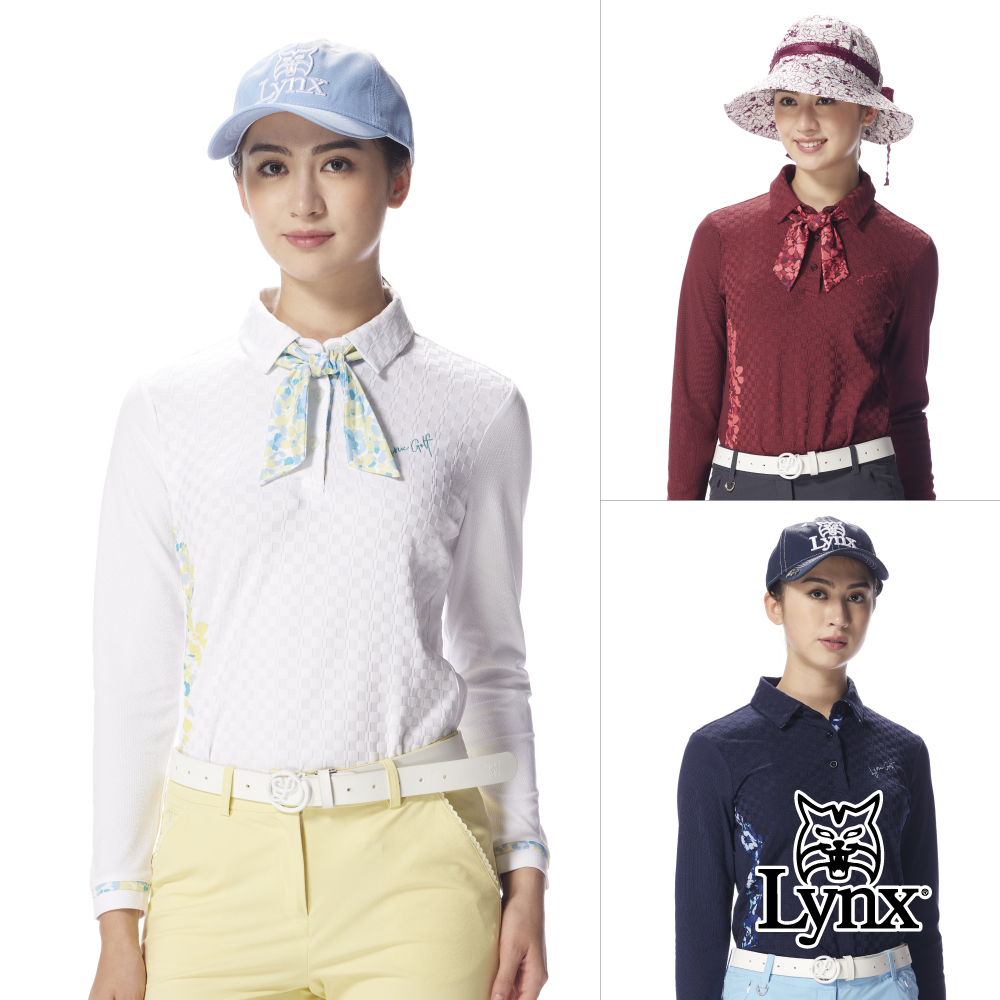【Lynx Golf】女款合身版吸濕排汗彈性舒適花紋領結長袖高爾夫球衫