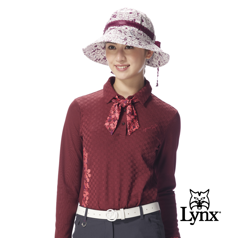 【Lynx Golf】女款合身版吸濕排汗彈性舒適花紋領結長袖高爾夫球衫