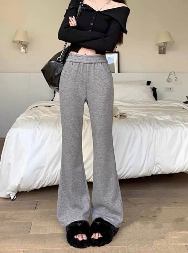 整圈鬆緊口袋羊絨喇叭褲