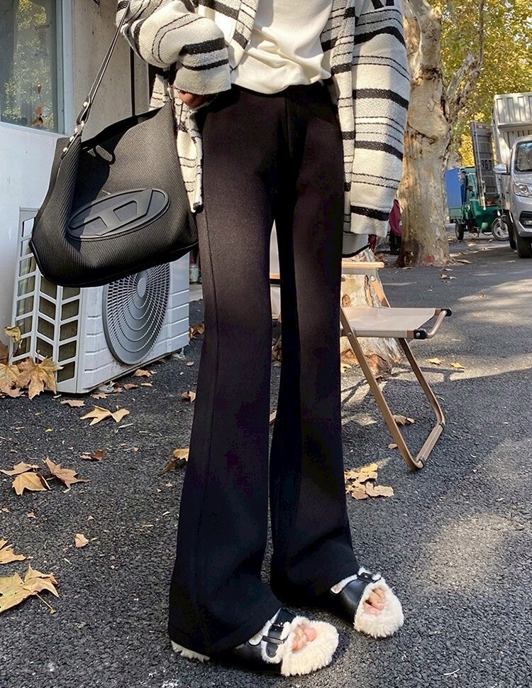 整圈鬆緊口袋羊絨喇叭褲