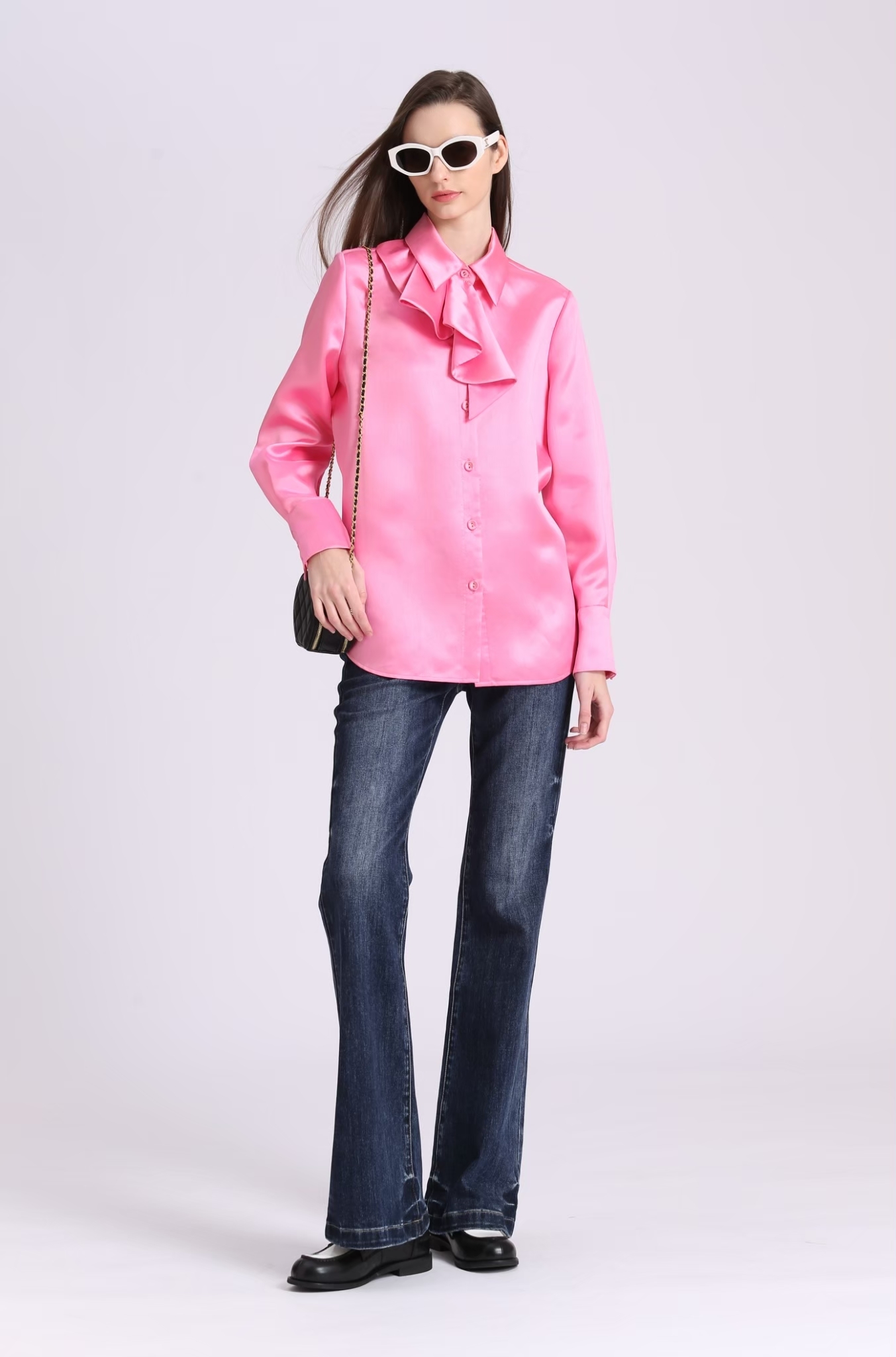 BD15037A1 新優雅玫瑰荷葉厚緞襯衫 (附領片)