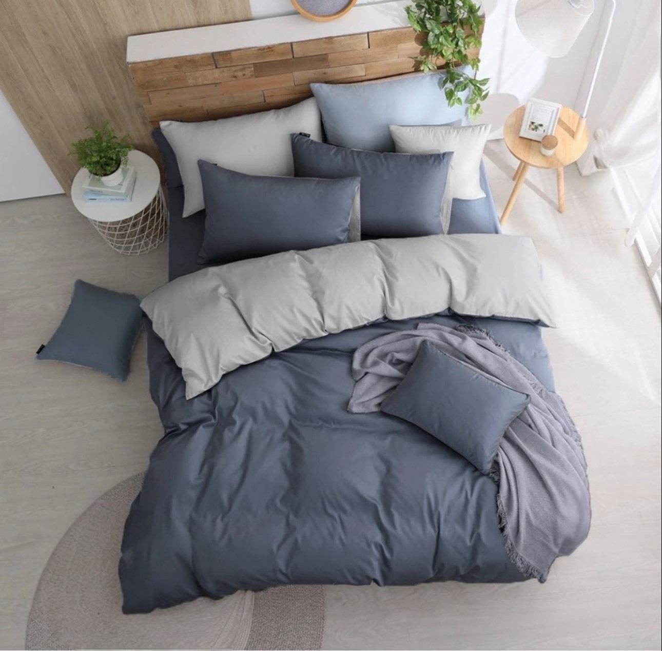 300織長絨棉床包兩用被組 | 鈷藍 x 岩灰