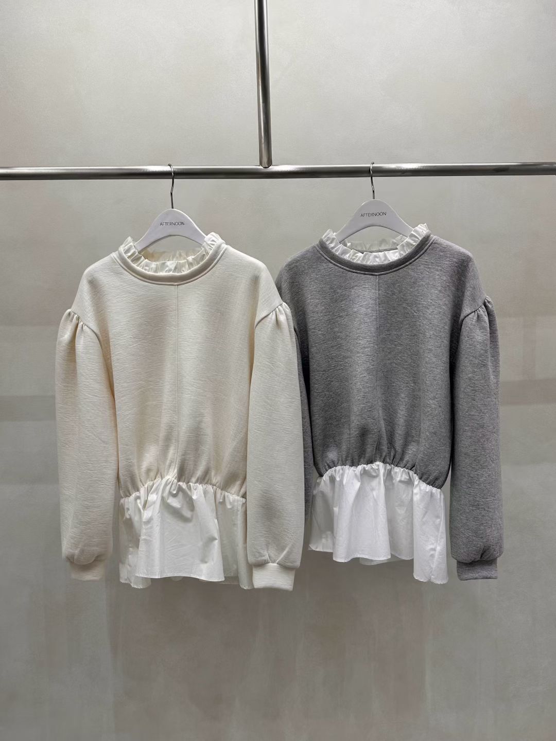 AF5013 木耳邊收腰材質拼接長袖上衣