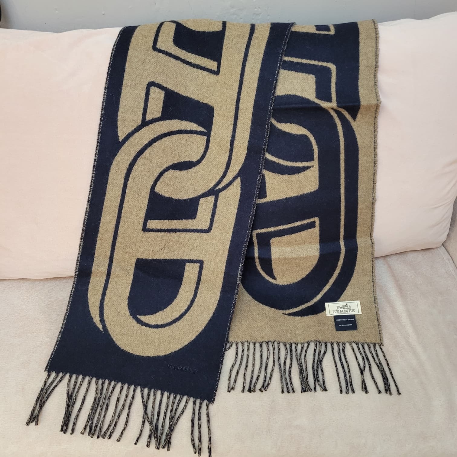 HERMES Maillons TGM MUFFLER marine / marron glacé 頸巾 圍巾 深藍拼啡