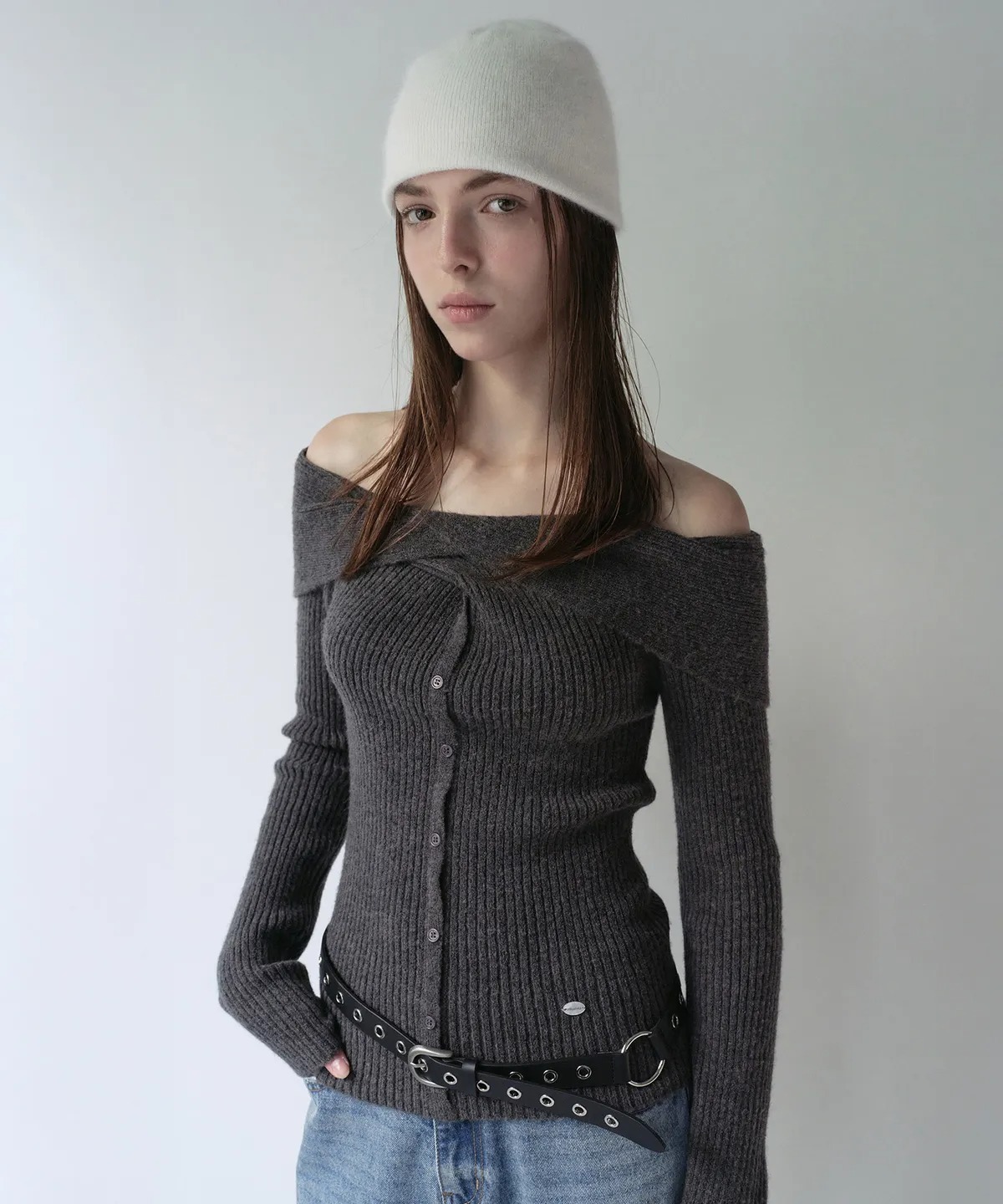 ROLAROLA WOOL BLENDED TWIST BUTTON OFF SHOULDER KNIT