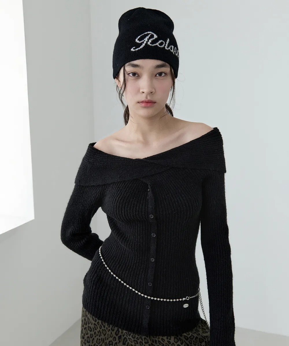 ROLAROLA WOOL BLENDED TWIST BUTTON OFF SHOULDER KNIT