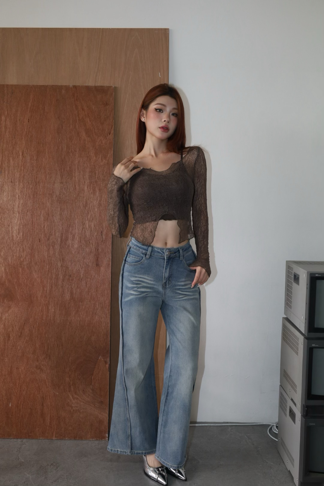 貓抓刷色牛仔喇叭褲