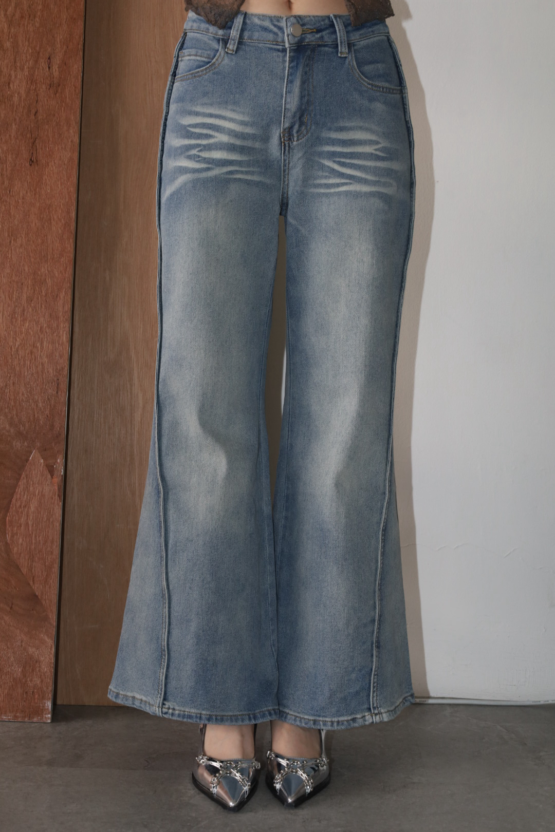 貓抓刷色牛仔喇叭褲