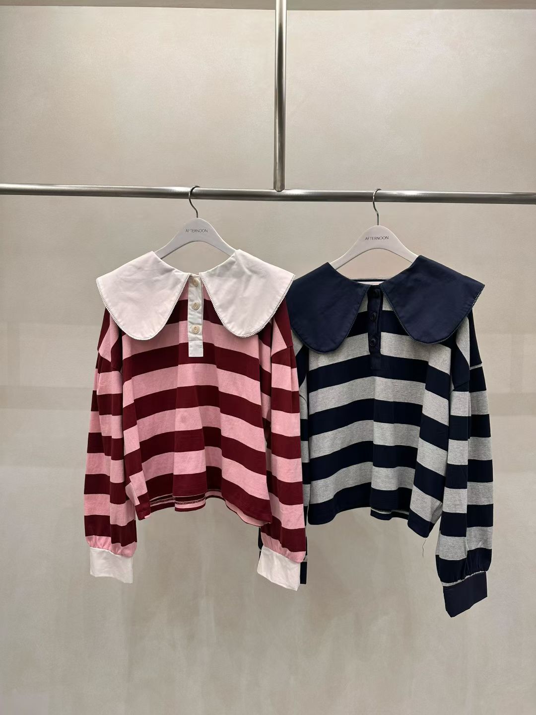 AF5020 娃娃領撞色間條長袖上衣