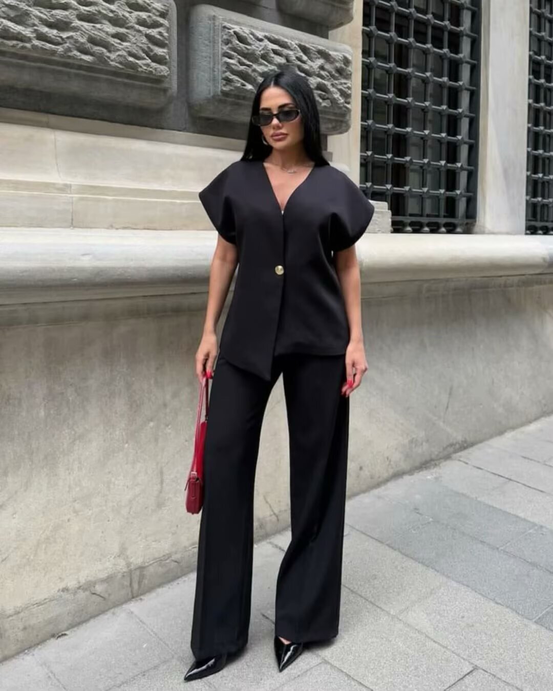 單釦落肩上衣+高腰褲(2件組)